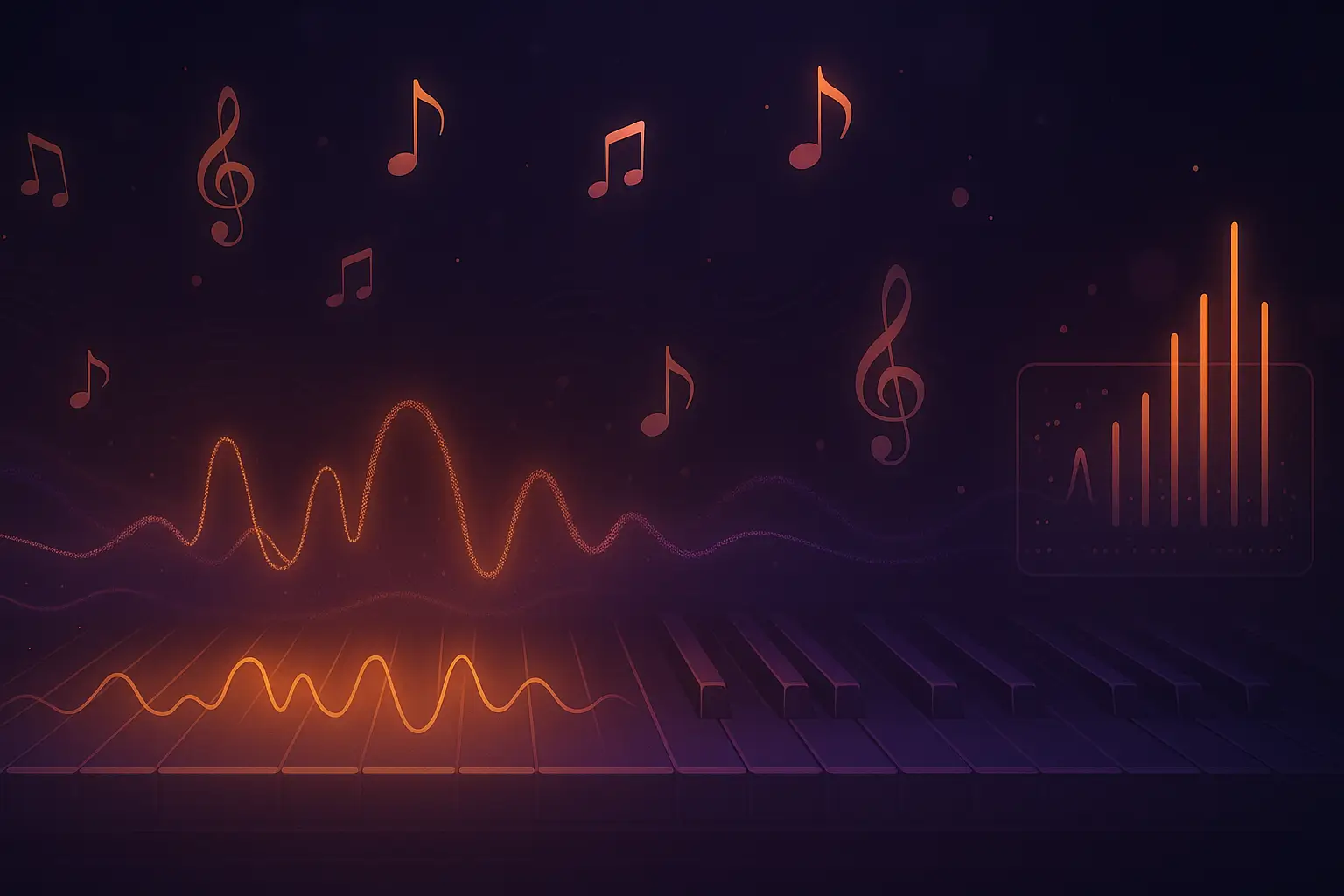 Cinematic background of AI music creation featuring glowing sound waves, piano keys, music notes, and dynamic frequency bars on a dark theme.