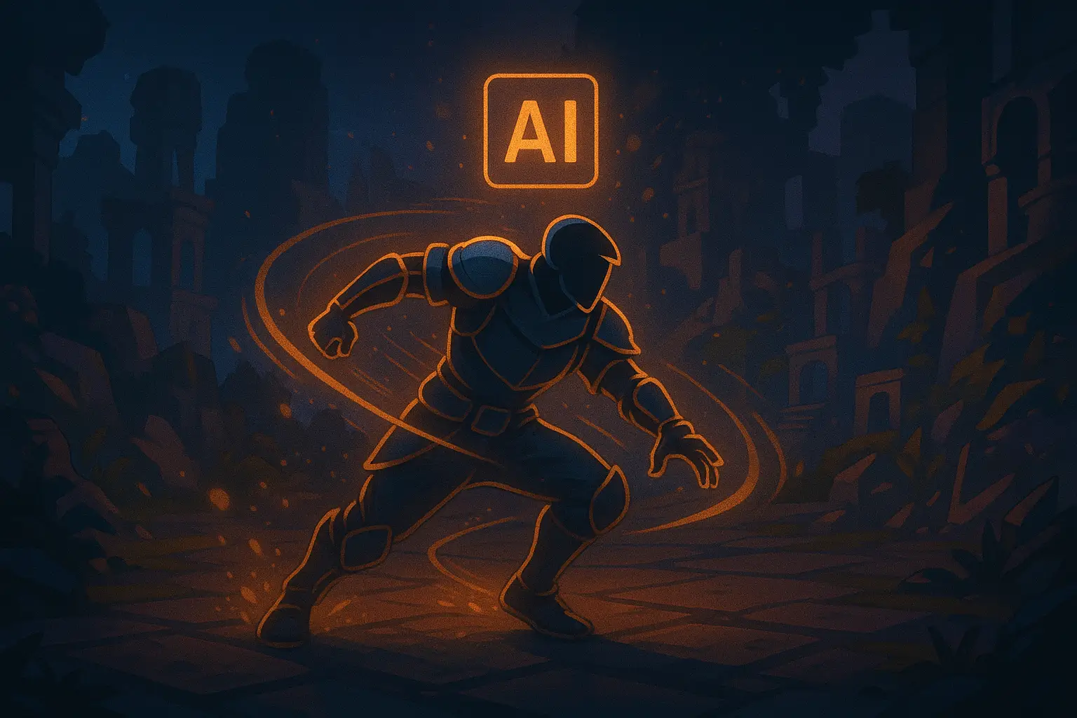 Dynamic AI-driven motion animation in a stylized fantasy video game scene with a glowing warrior character