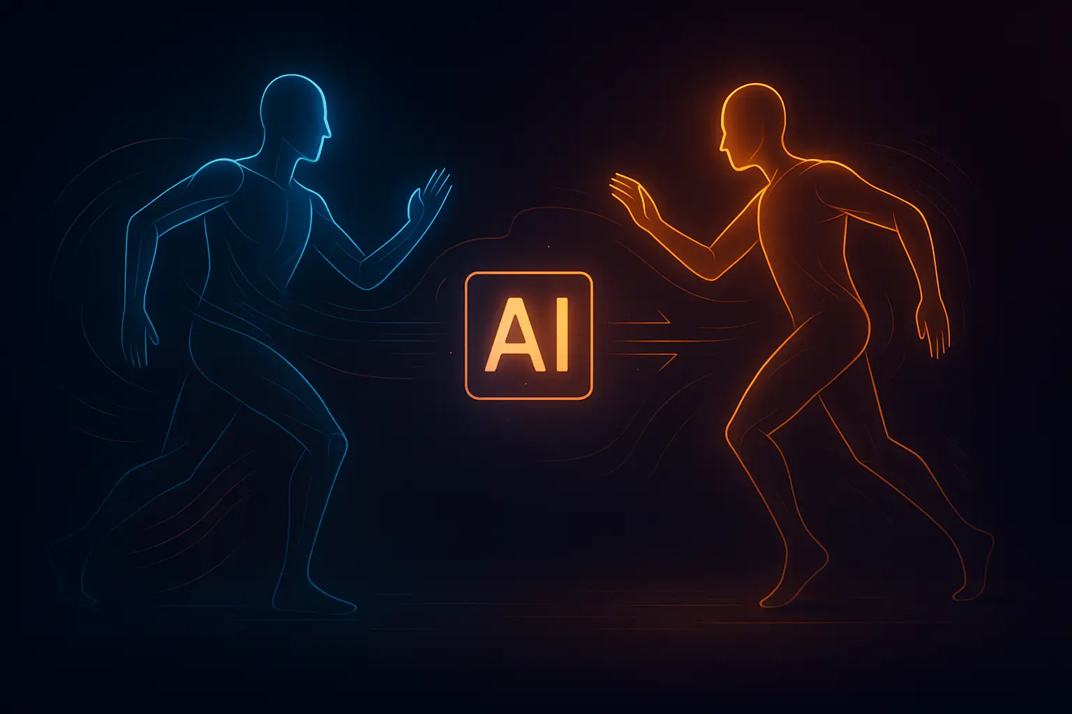 Abstract illustration showing AI transferring human motion from one figure to another using glowing lines, symbolizing motion transfer technology