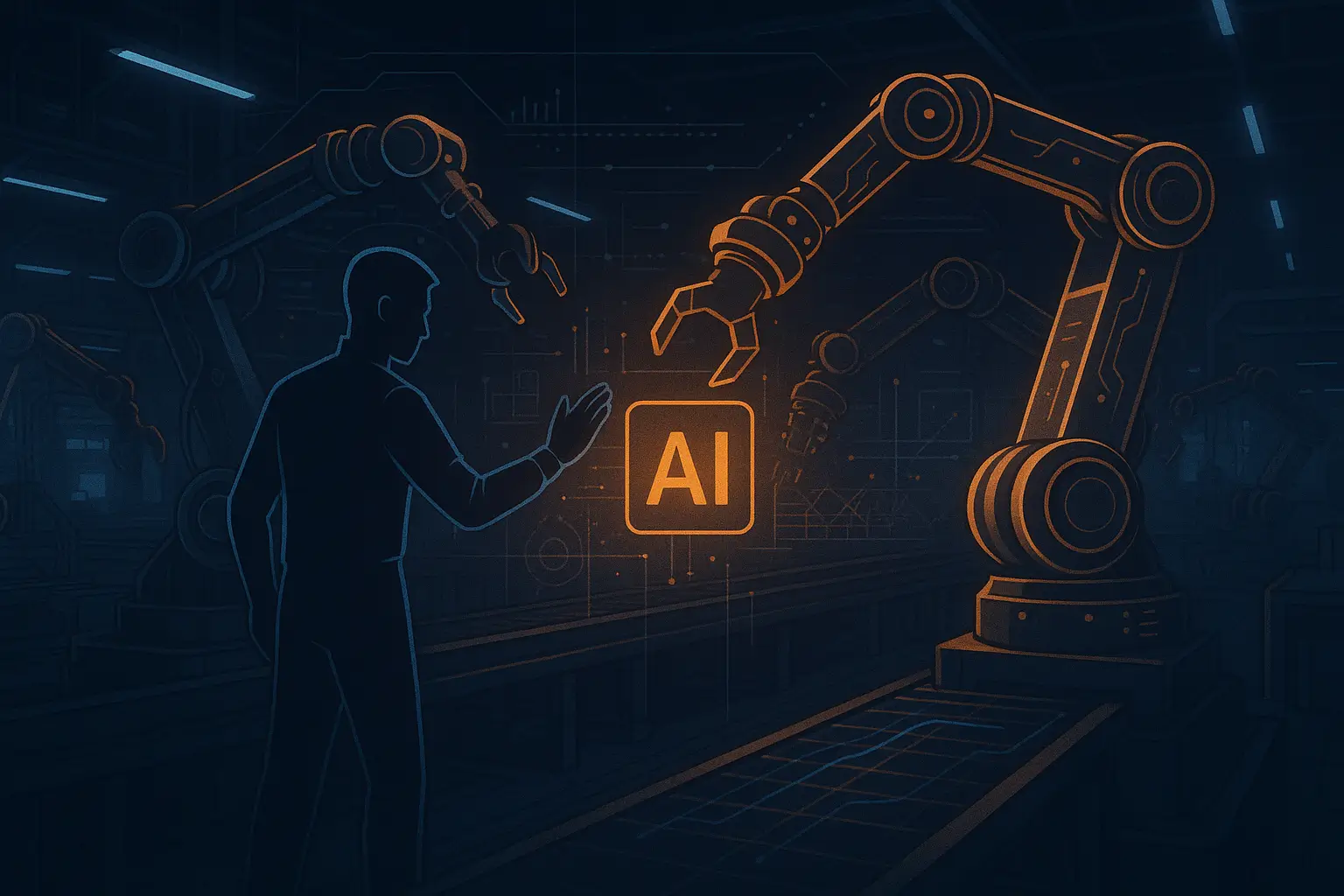 Futuristic AI-powered factory automation with robotic arms learning motion from a human operator in a high-tech setting