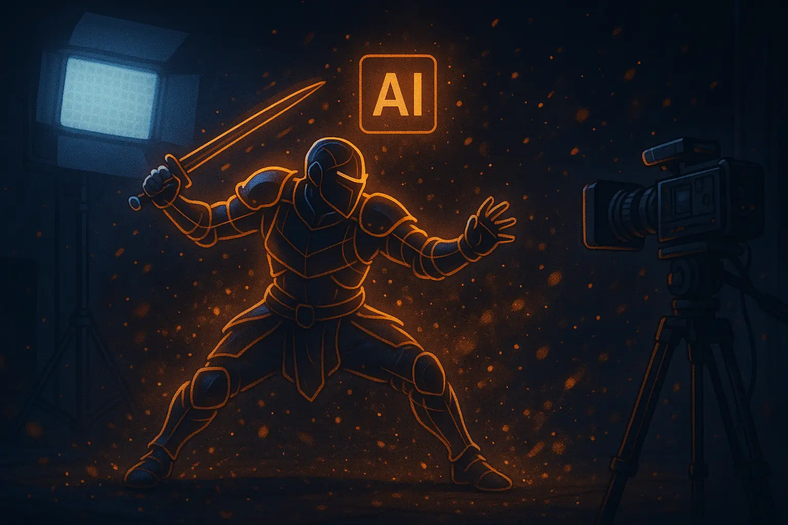 AI-generated visual effects concept with a knight character on a film set, showcasing cinematic motion capture and AI animation tools