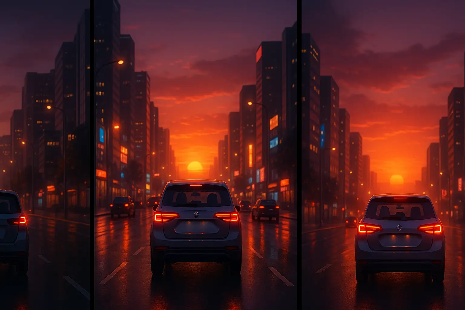 A car driving through a futuristic city at sunset, showcasing smooth next-frame video generation with light reflections and depth.