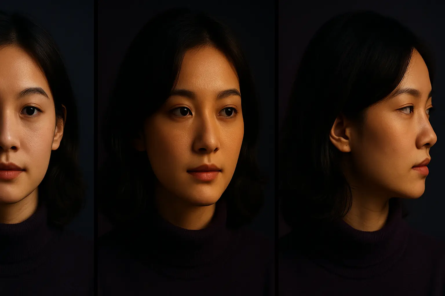A three-frame sequence of a woman's face turning from front to side, illustrating detailed and consistent facial generation.
