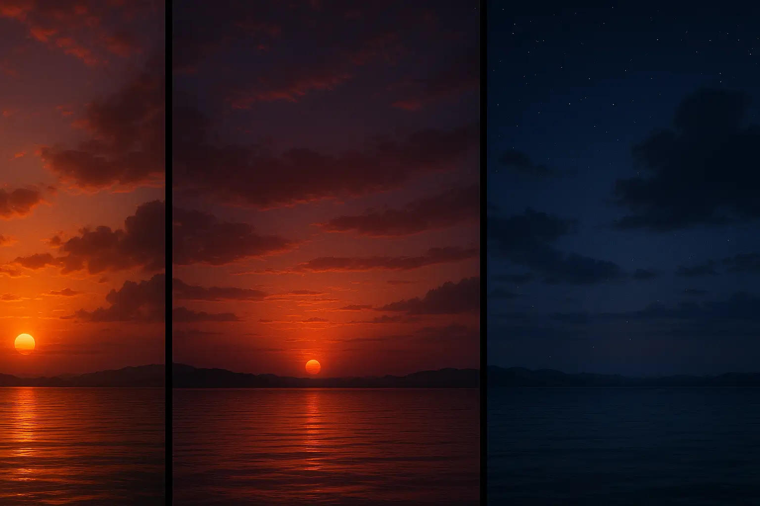 A seamless transition from sunset to night over a lake, highlighting realistic natural lighting and temporal consistency.
