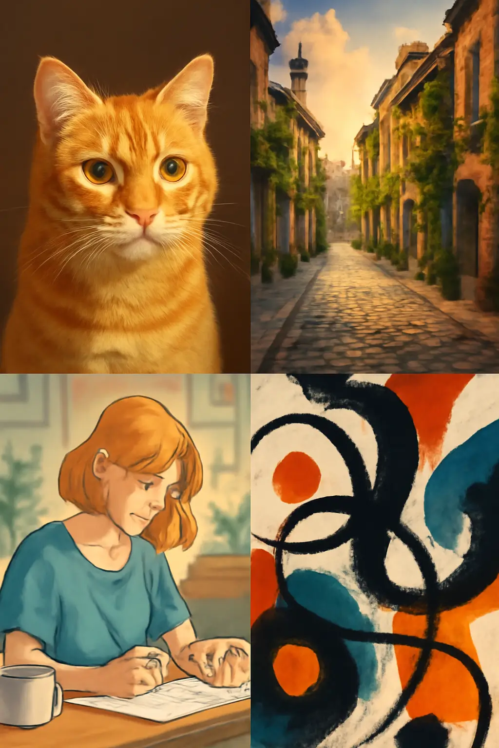 A creative collage featuring a ginger cat, a scenic cobblestone street, a woman sketching, and an abstract painting with circular patterns in bold colors.