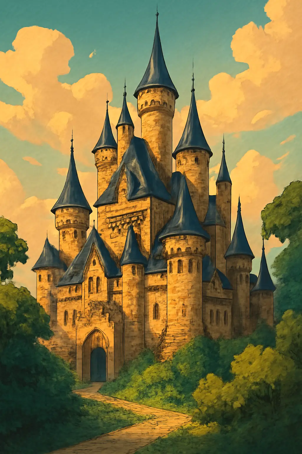 A medieval castle with towering spires, surrounded by lush greenery, under a cloudy sky with soft, golden light.