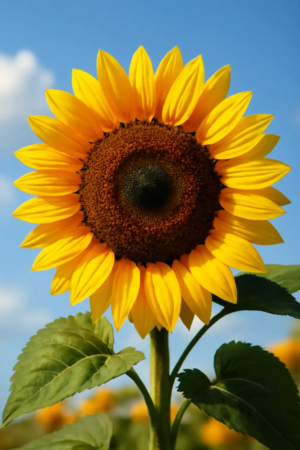 A close-up shot of a vibrant sunflower in full bloom against a bright blue sky, showcasing the detailed petals and the dark center.