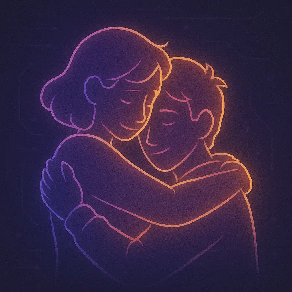 Emotional AI-generated hugging animation feature Two glowing characters hugging in warm ambient AI scene