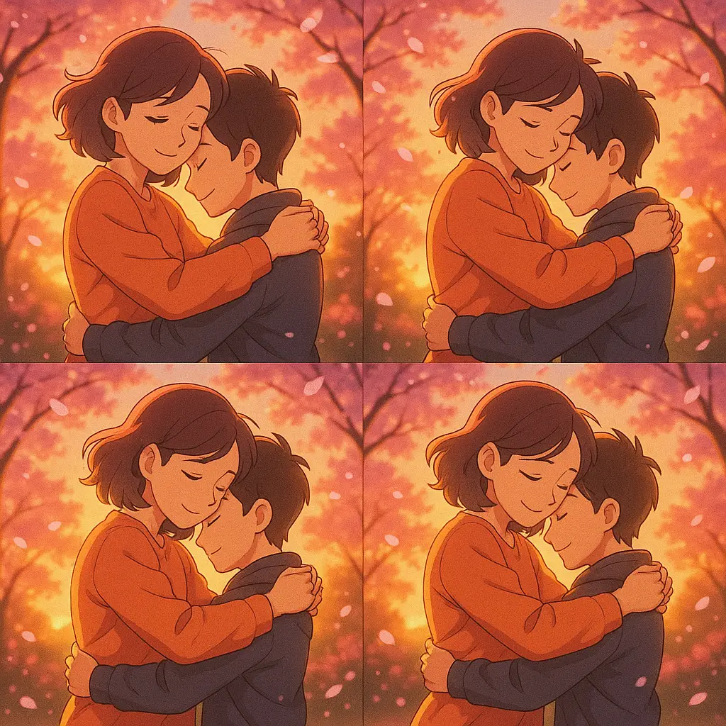 Emotional scene with cherry blossoms falling animation Two people hugging in sunset park with falling cherry blossoms