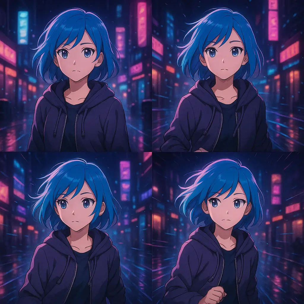AI-generated cyberpunk city animation sequence Anime character with blue hair walking through cyberpunk city