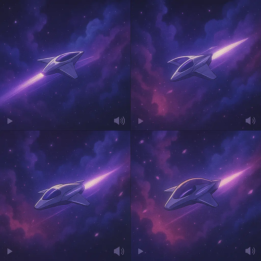 Space exploration animation sequence with nebula effects Spaceship flying through colorful nebula with stars