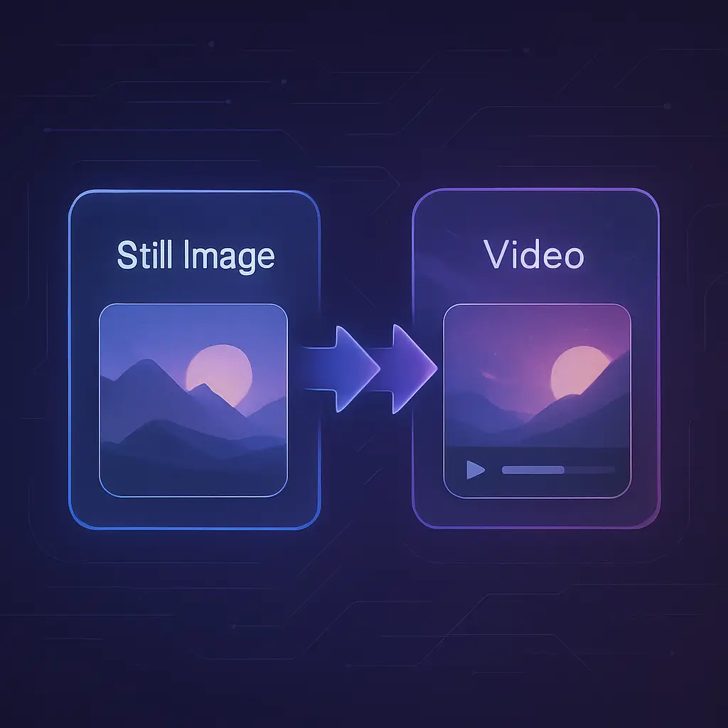 Visual transition of a photo turning into animated video Still image morphing into animated video with glowing arrows