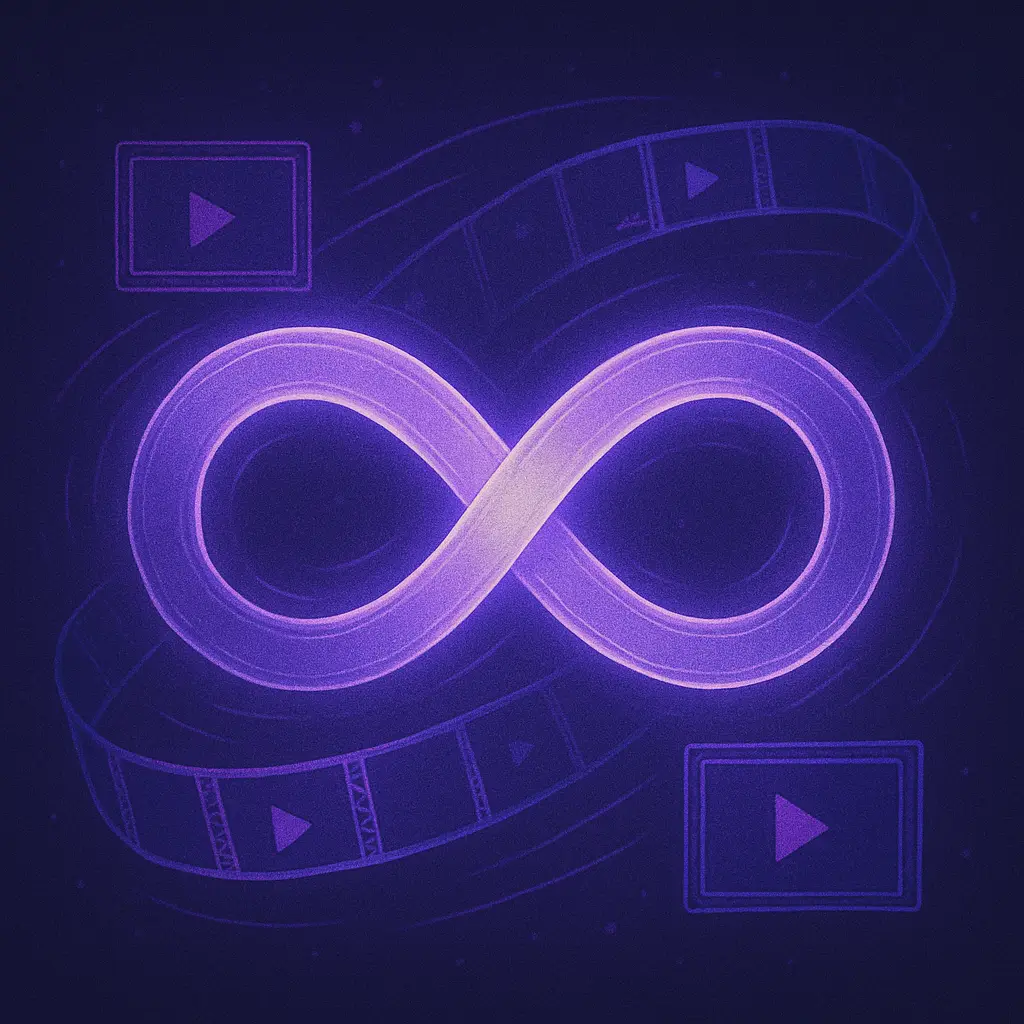 Unlimited video generation symbolized by infinity loop Glowing infinity symbol with video frames