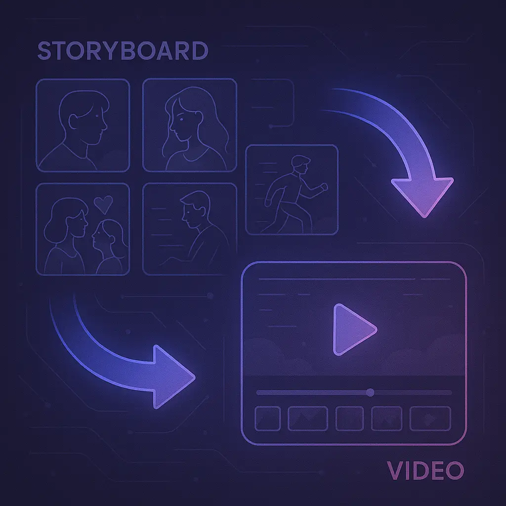 Storyboard merging into video scene with continuity cues Storyboard frames transforming into a video timeline