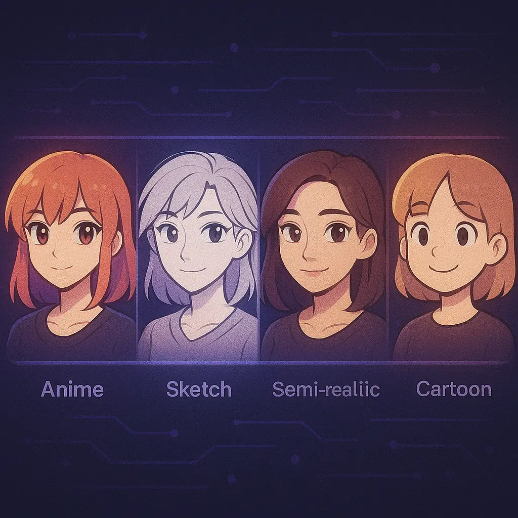 AI generating consistent character faces in various artistic styles Consistent character faces in anime, sketch, semi-realistic, cartoon styles
